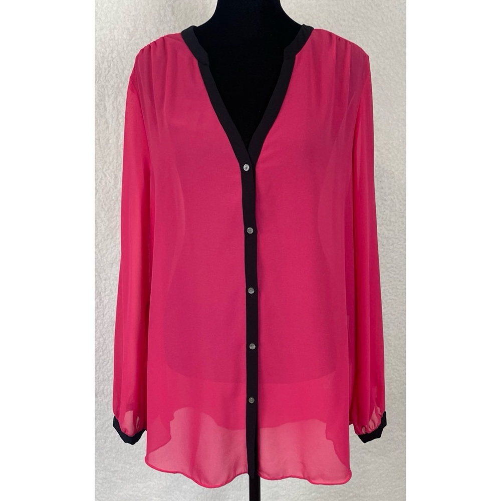 (NWT) DKNYC • Hot Pink/Black Sheer Long Sleeve Button-Down Shirt, L - Picture 2 of 16